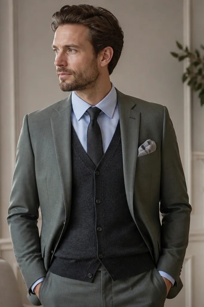 A modern wedding suit styling: green-gray suit jacket and matching trousers with a charcoal knit vest, light blue button-down, and a slim charcoal tie. Accessories include a folded pocket square in pale gray.
