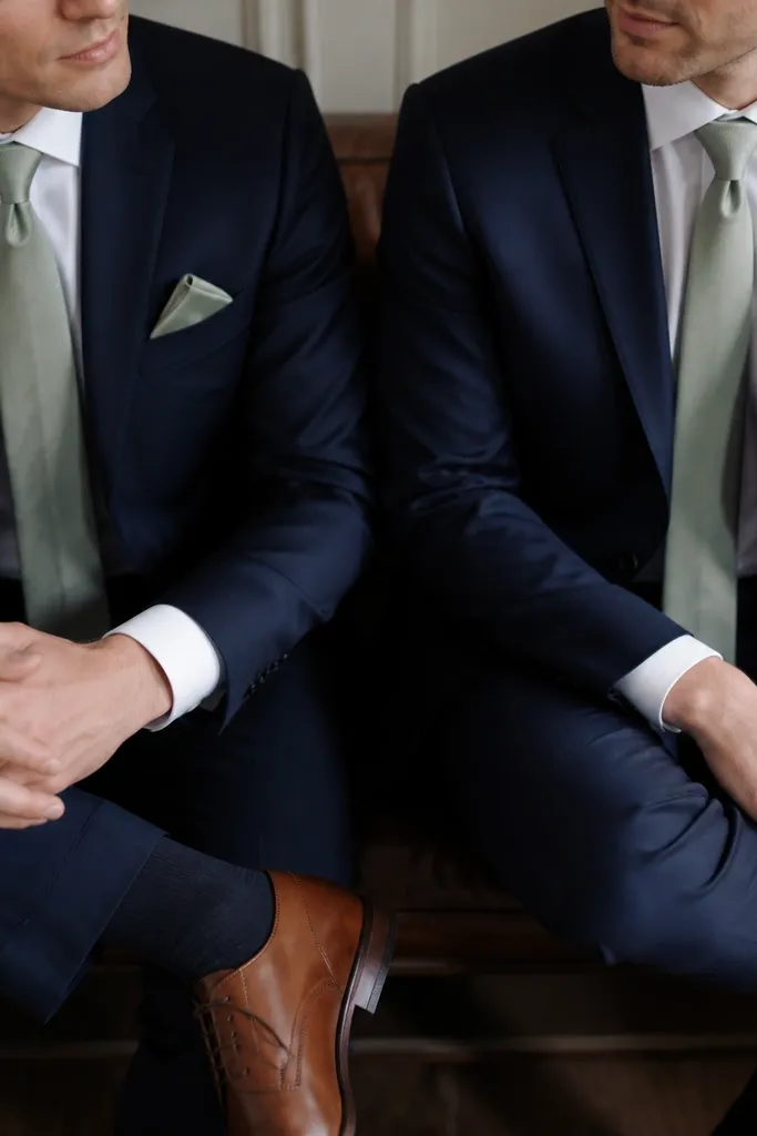 Close-up styling: white dress shirts with muted sage neckties (slight sheen) and matching sage pocket square corners. The jackets are navy, and shoes are cognac-brown oxfords.