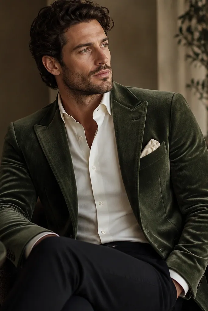 Evening-leaning styling: sage velvet blazer with a deep green undertone, ivory dress shirt, and black trousers. A velvet blazer’s pile texture is visible, with a simple pocket square in off-white.