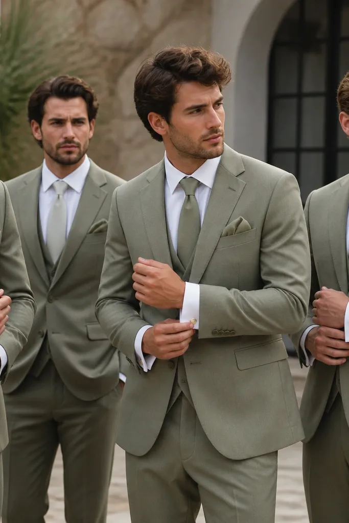 A coordinated look: olive-sage suits with white shirts, brushed gold cufflinks, and a sage-green pocket square. One groomsman wears a slightly darker olive tie; others keep ties neutral.