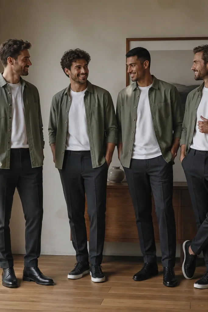 A smart-casual ensemble: sage overshirt worn unbuttoned over a white tee, paired with charcoal tailored trousers. One groomsman has a rolled sleeve and a minimal watch; footwear is dark sneakers or leather boots.