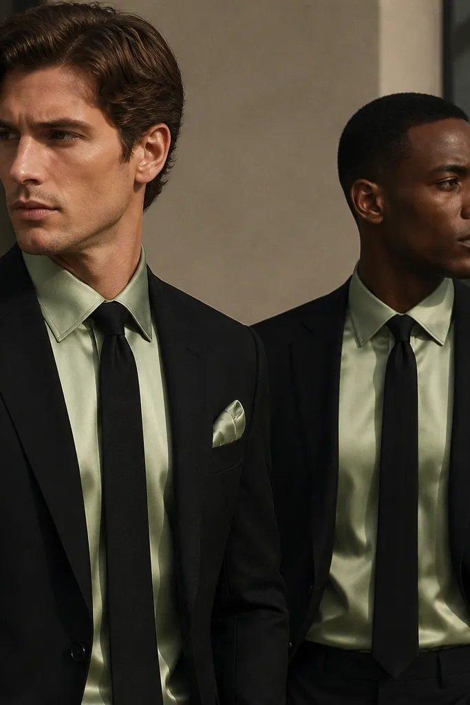 A striking contrast: black suit jackets with sage satin dress shirts, paired with black ties. The satin has a subtle reflective sheen, and pocket squares are folded in pale sage.