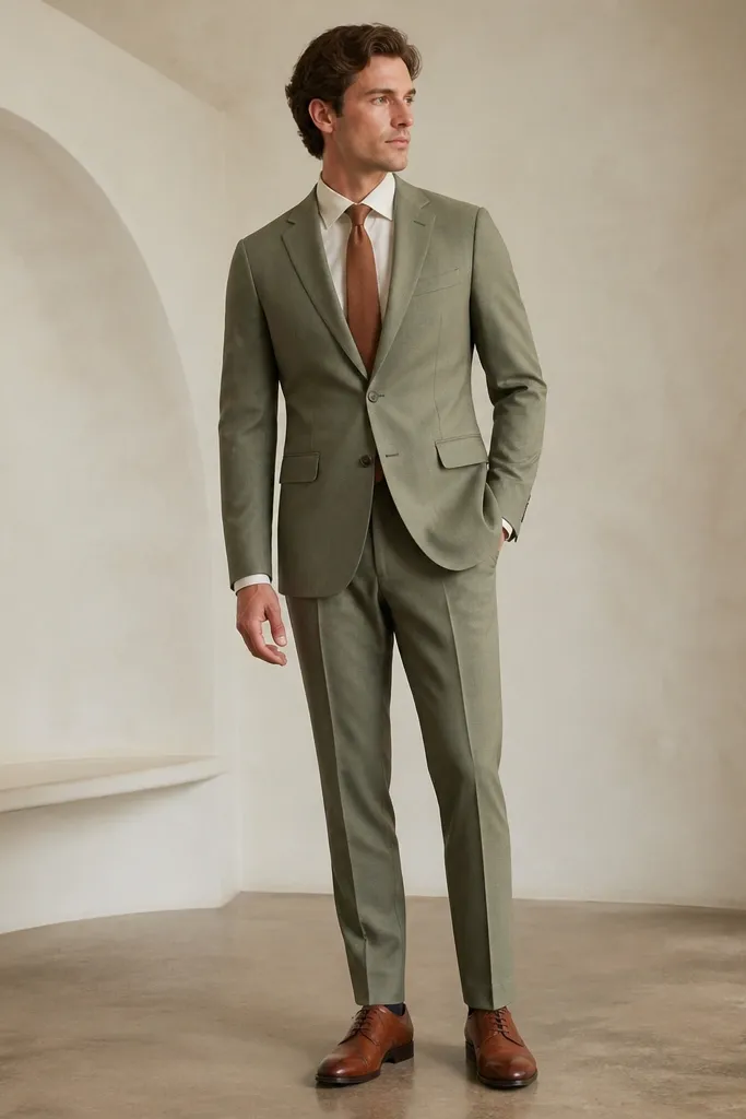 A full look: sage suit jacket and matching trousers with a cream dress shirt and a warm brown tie. Shoes are warm brown leather oxfords with a clean, polished finish.
