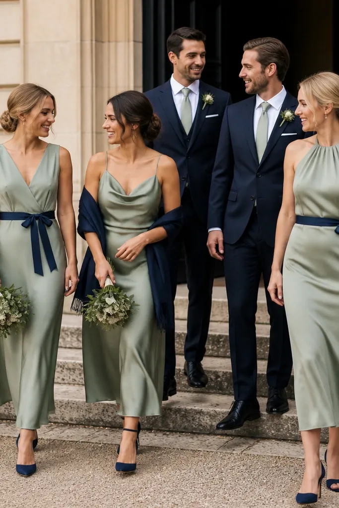 A coordinated mixed-party look: women wear sage satin or crepe midi dresses with navy accents (navy ribbon belts or shawls). A few outfits include sage shawls and navy heels, creating a consistent palette across the group.