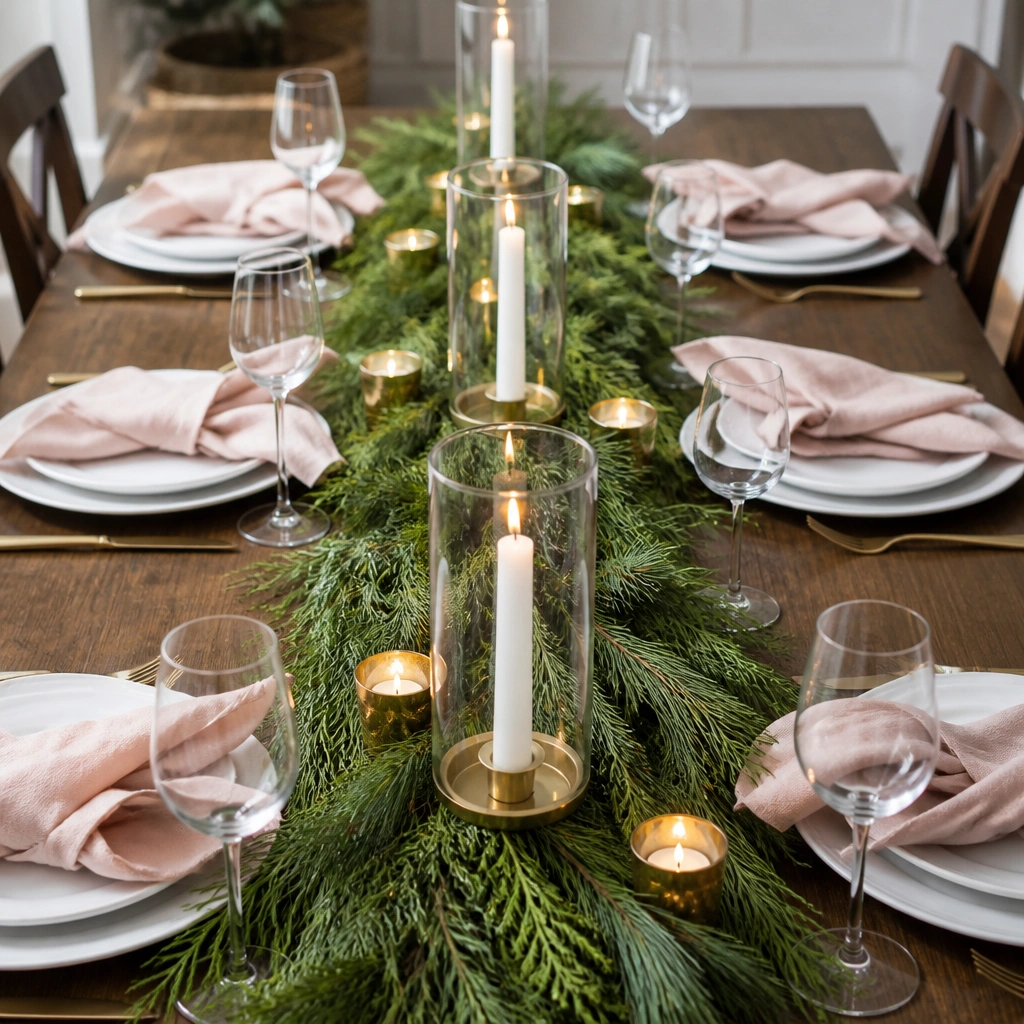 A long table runner made of cedar and pine branches, layered with small gold candlesticks and three taper candles inside clear glass hurricanes; white plates and soft blush napkins sit along both sides.