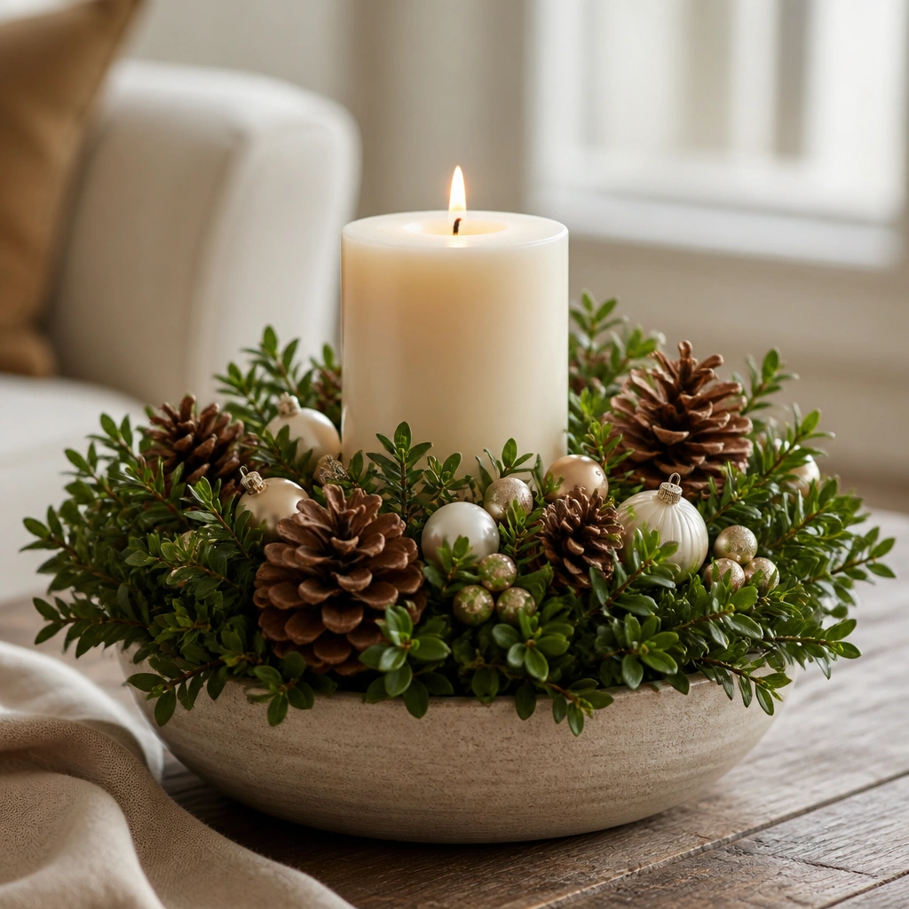 A shallow ceramic planter filled with dense boxwood, topped with a few matte pinecones and small neutral ornaments in cream and champagne, styled around a single pillar candle.