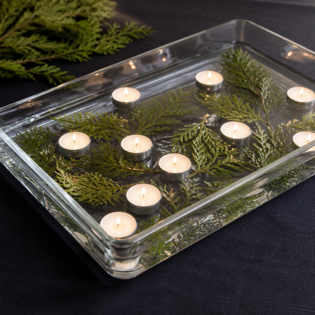 A large rectangular clear glass tray filled with water, floating tea lights, and scattered evergreen sprigs; the tray sits on a dark tablecloth for contrast.