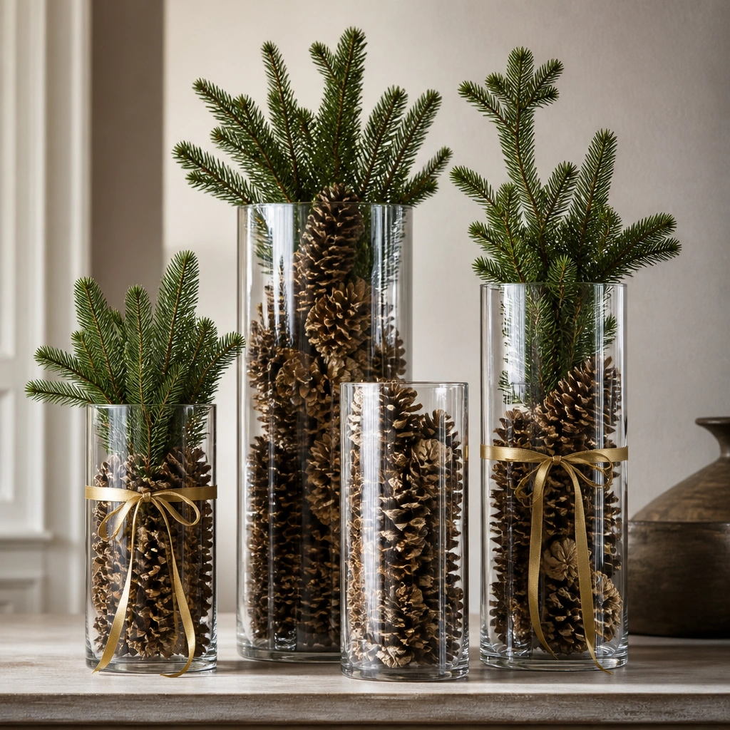 A group of varied-height clear glass vases filled with pinecones and a few evergreen branch tips, with thin gold ribbon tied around two vases.