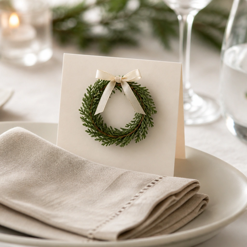 Small circular evergreen wreaths attached to place cards, each wreath made of mini twigs, with a tiny cream satin bow; the cards stand upright beside folded napkins.