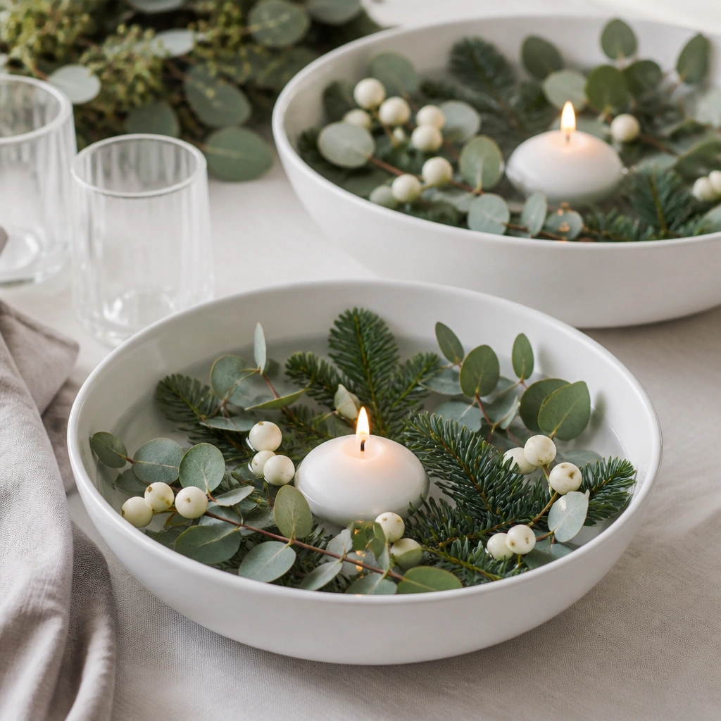 White porcelain bowls filled with mixed greenery - dark pine sprigs and lighter eucalyptus leaves - with scattered white berries and one floating candle in each bowl.