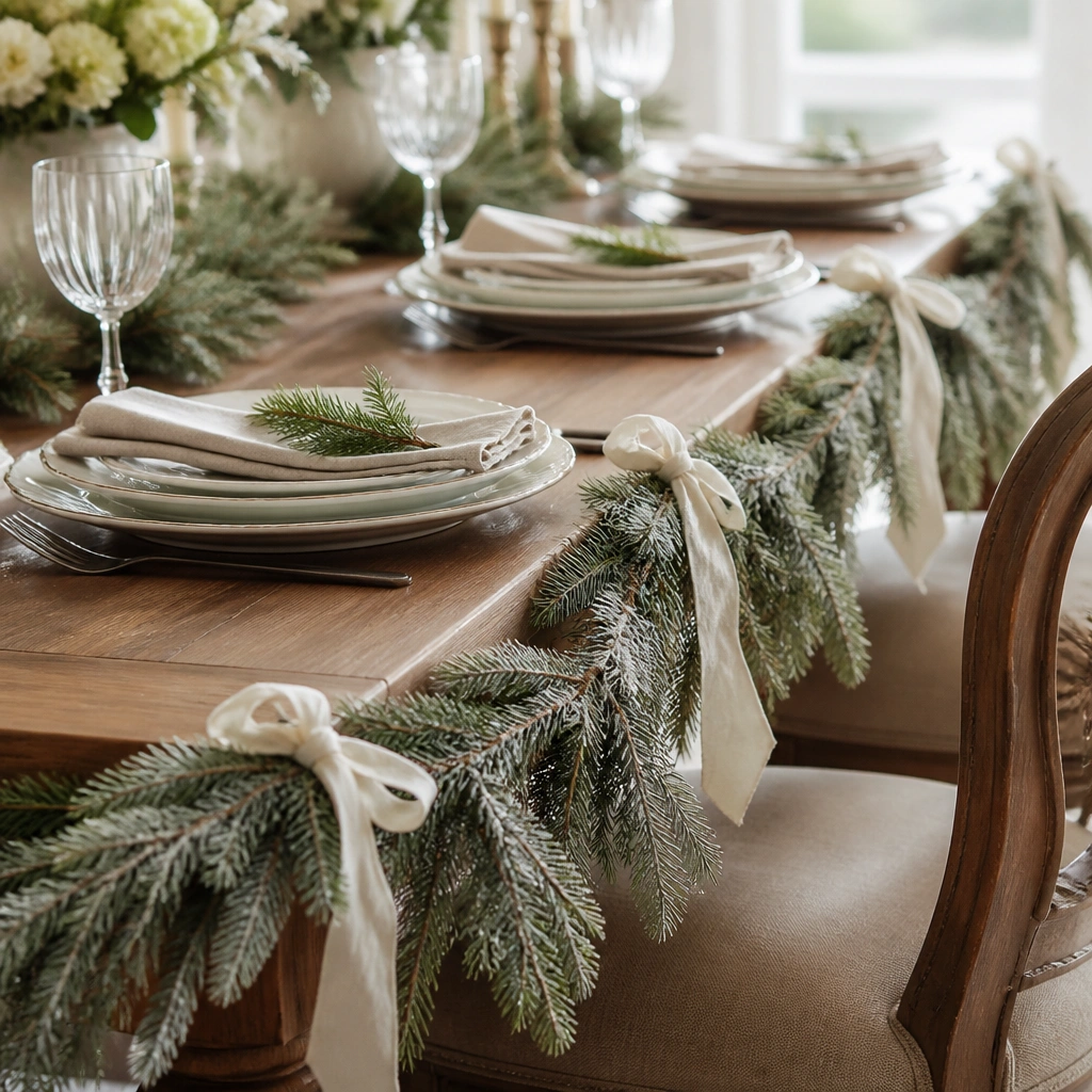 A garland of evergreen sprigs stretched along the table edge, lightly dusted-looking (frosted effect) and tied with small ivory fabric ties; place settings line the center.