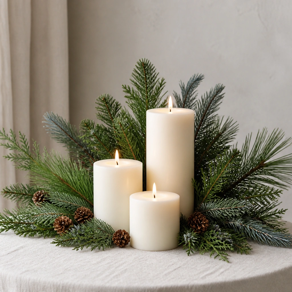 A modern arrangement of three pillar candles placed at varying heights with evergreen sprigs arched around them like a fan, on a light linen tablecloth.