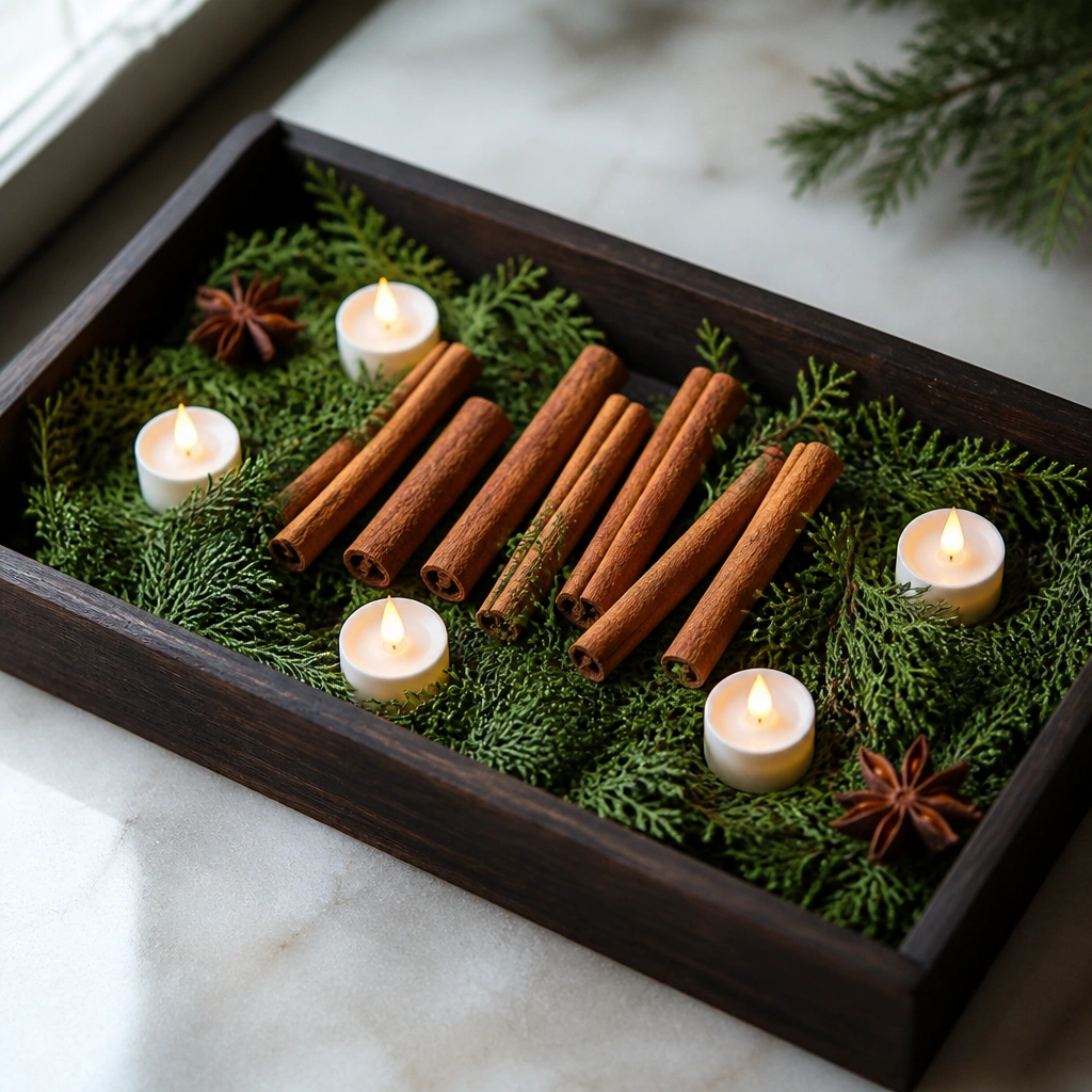 A dark wood rectangular tray filled with cedar sprigs, cinnamon sticks laid in a loose row, and small LED tea lights nestled among greenery; a couple of star anise pieces sit near the corners.
