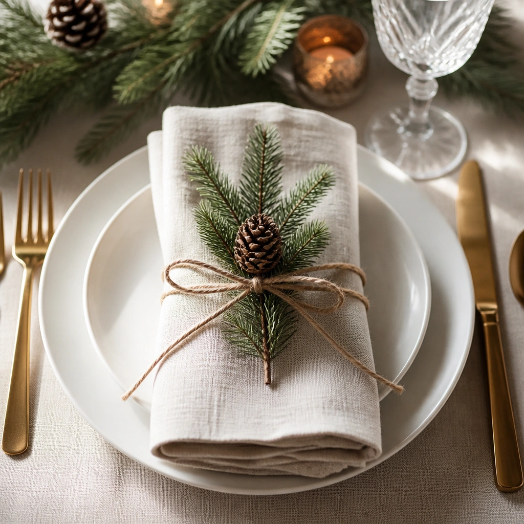 Folded linen napkins wrapped with a simple evergreen sprig and a small pinecone tied with thin twine; the napkins sit on white plates with gold cutlery.