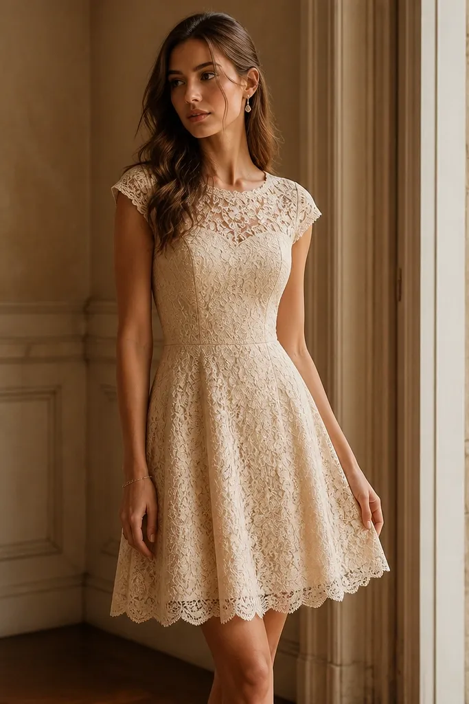 A champagne lace short A-line dress with cap sleeves, scalloped lace trim at the hem, and a fitted bodice, styled with minimal jewelry in a warm-toned photo.