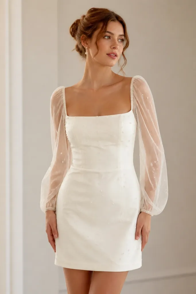 A short wedding dress style featuring a square neckline, sheer mesh sleeves, and pearl embellishments across the bodice, photographed with soft lighting and a clean background.