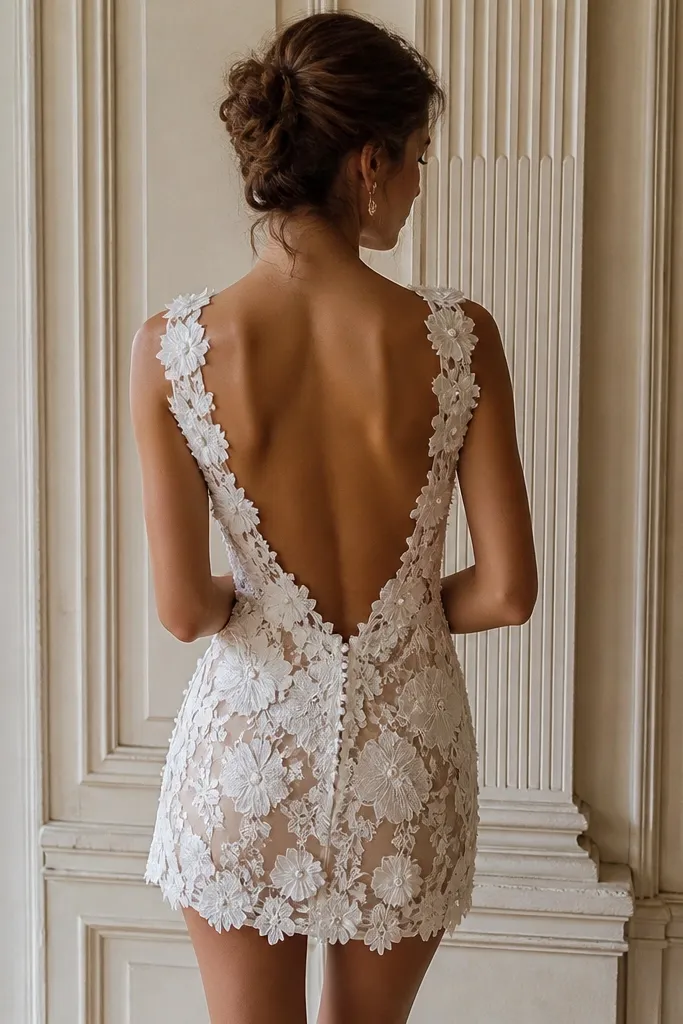 A short lace mini featuring floral appliqués, a deep V-back, and a modest front neckline, photographed from the back with hair styled up.