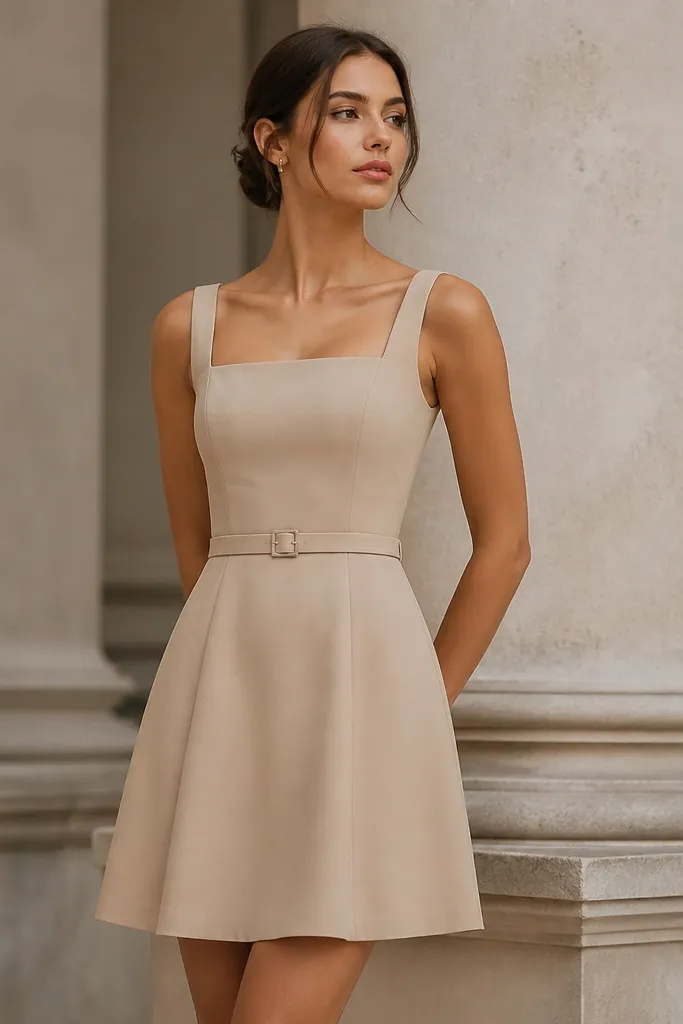 A knee-above short dress with a square neckline, a fitted bodice, and a thin belt at the waist, photographed with a structured stance and clean tailoring lines.