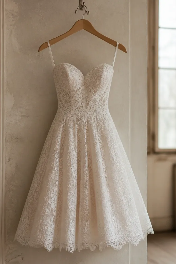 A fitted bodice with delicate chantilly lace, a soft A-line skirt, scalloped lace edging at the hem, and a sweetheart neckline on a short dress hanging on a hanger.