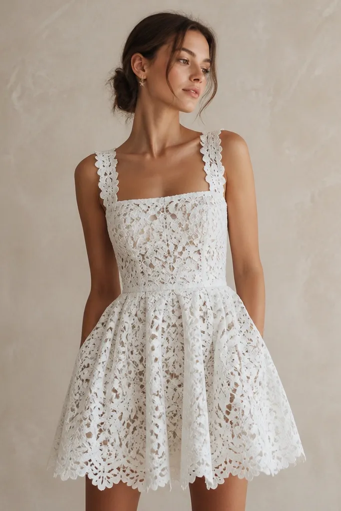 A short fit-and-flare dress in white with a bold guipure lace overlay, a square neckline, and a structured waist seam, shown on a model against a neutral background.