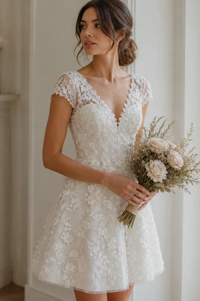 A short wedding dress covered in scattered floral appliqués over a soft lining, cap sleeves made of lace, and a V-shaped lace neckline.