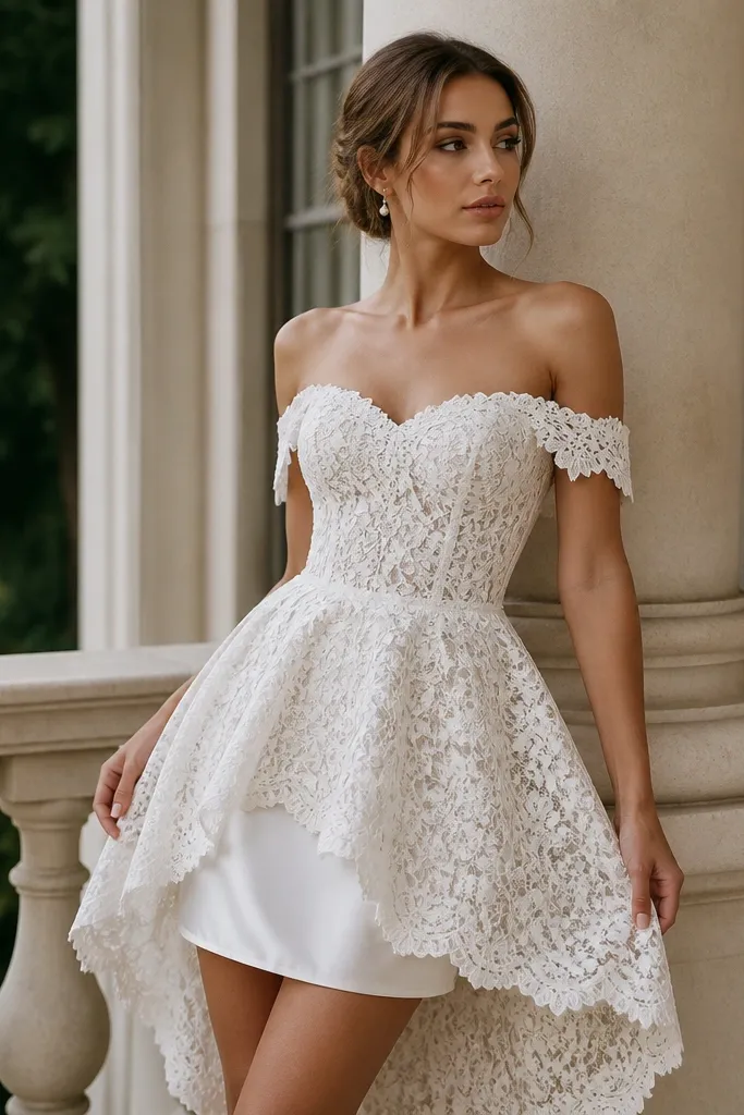 An off-the-shoulder short lace wedding dress with a satin underlayer visible at the skirt, showing contrast between textured lace and smooth sheen.