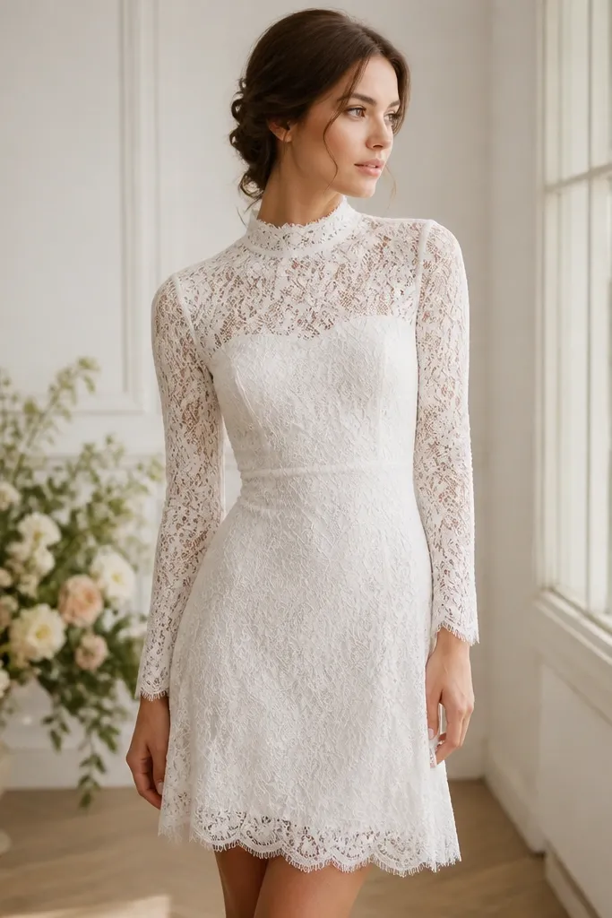 A short wedding dress with a mock neck, long lace sleeves, and a fitted waist, with lace overlay on a light lining.