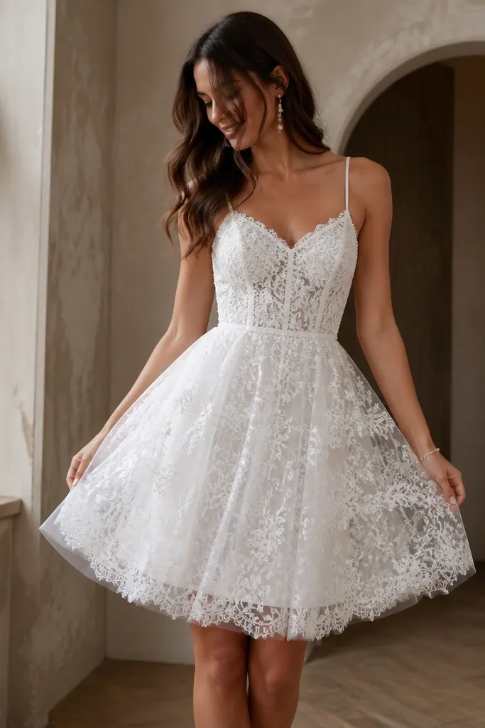 A short lace slip wedding dress with a satin-like slip underlayer and a light tulle overlay skirt that adds volume, shown on a model mid-pose.