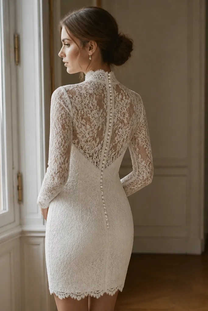 A short high-neck lace wedding dress with a visible row of pearl-like buttons down the back, lace sleeves, and a fitted skirt.