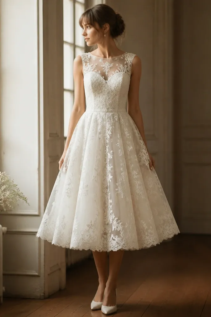 A short vintage-inspired lace wedding dress with a slightly fuller skirt, illusion lace bodice, and a hem that sits near the upper calf.