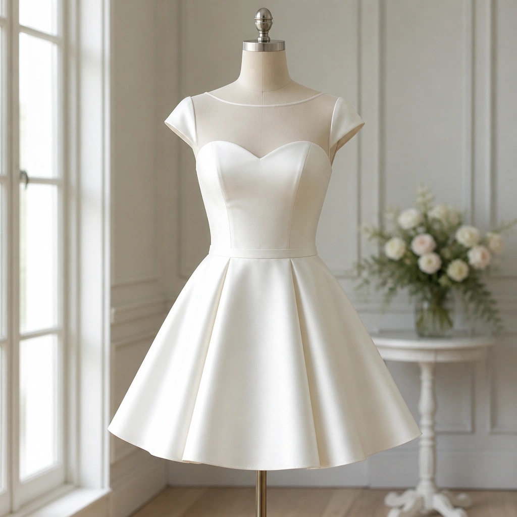 A short wedding dress on a mannequin: smooth satin fabric, cap sleeves, a subtle illusion neckline, and a gently flared A-line skirt that ends above the knee.