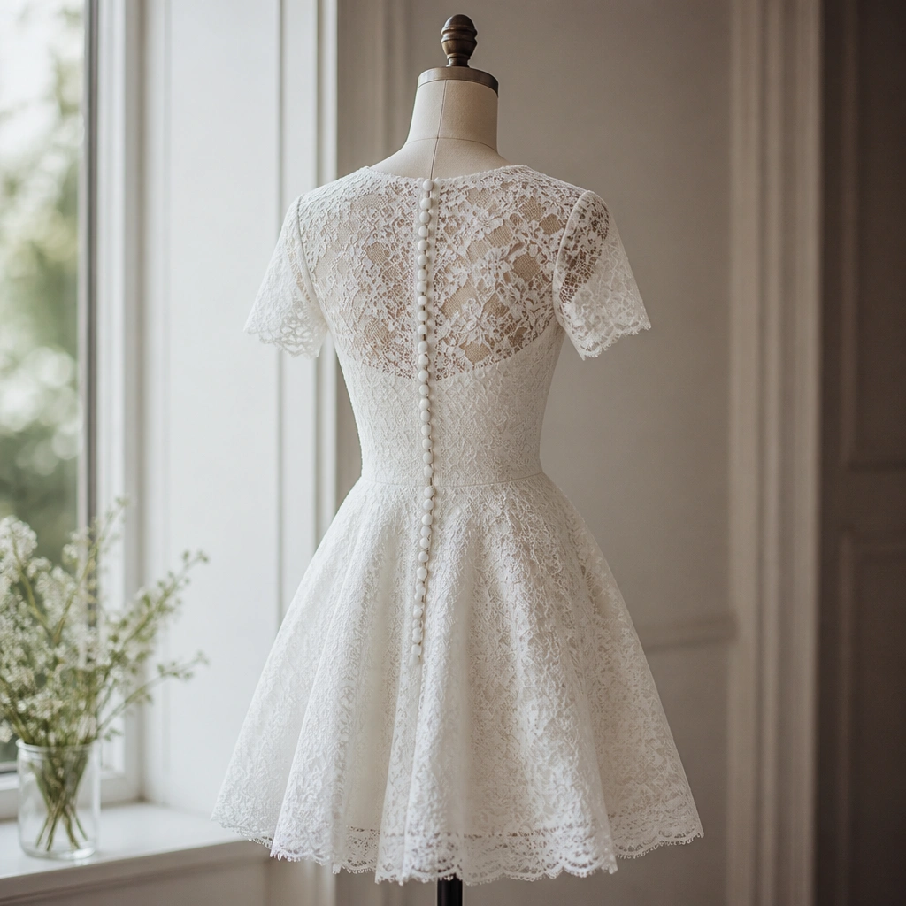 A short lace wedding dress with short sleeves, a flared skater skirt, and visible small buttons running down the back on a mannequin.