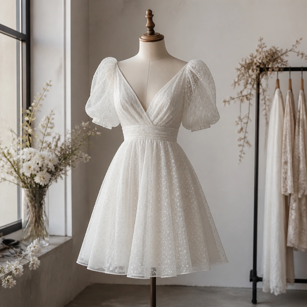 A short wedding dress with airy chiffon, Swiss-dot texture, puff sleeves, and a slightly longer skirt that falls near the upper knee on a mannequin.