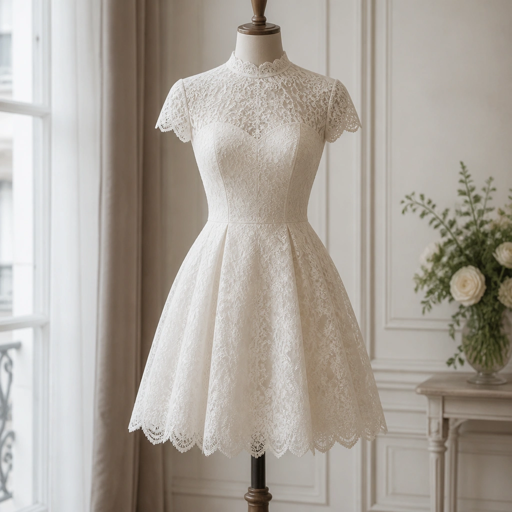 A short wedding dress on a mannequin with a high neckline, short sleeves, scalloped edging along the hem, and a structured bodice.