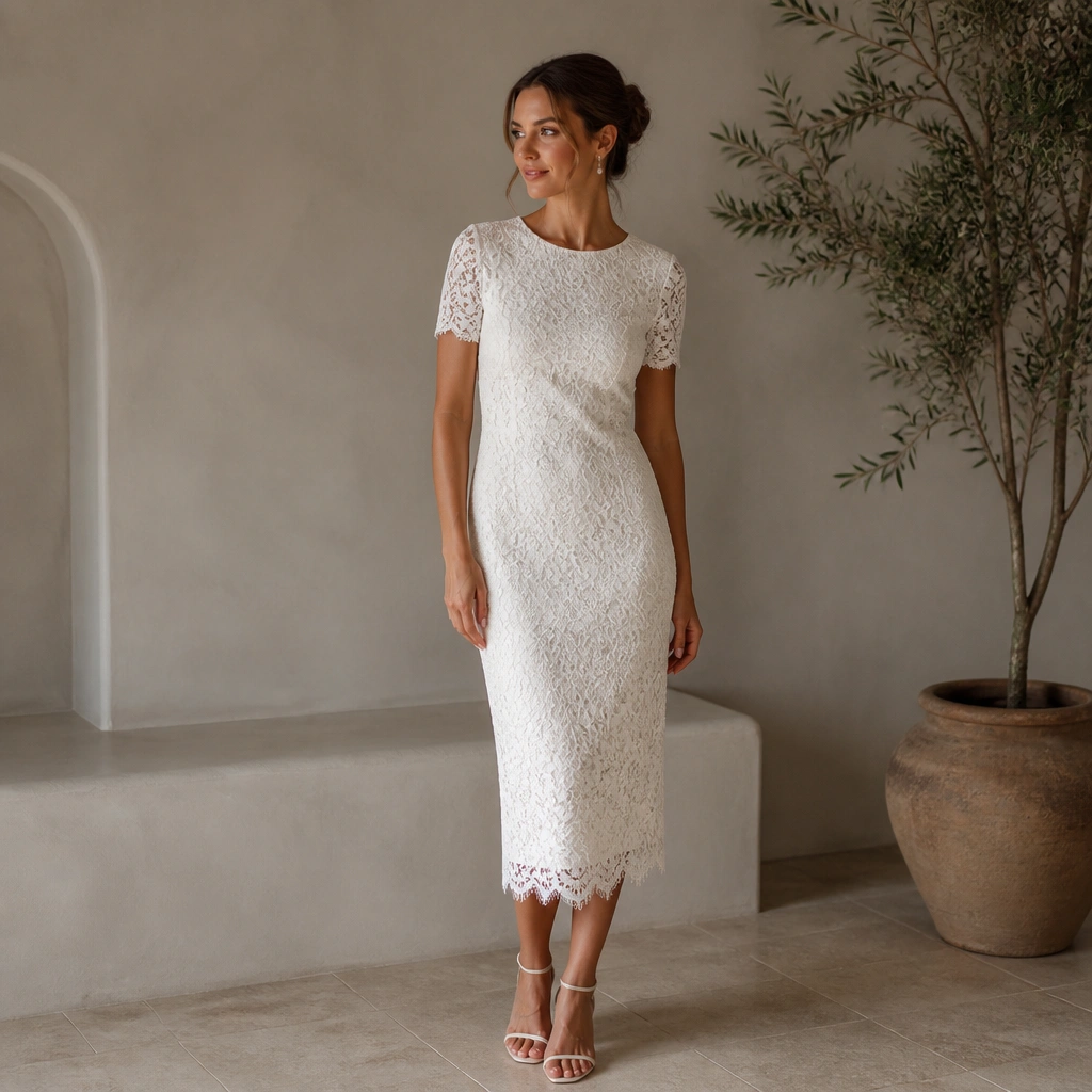 A short column wedding dress made of lace with short sleeves, a straight silhouette, and a smooth underlayer visible at the neckline.