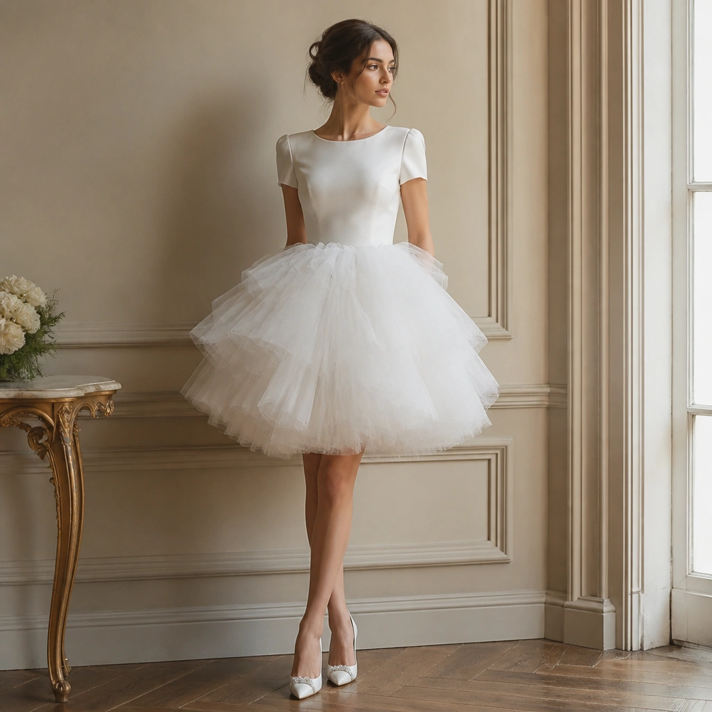 A short wedding dress with a fitted short-sleeve bodice and a dramatic layered tulle skirt that puffs out above the knees.