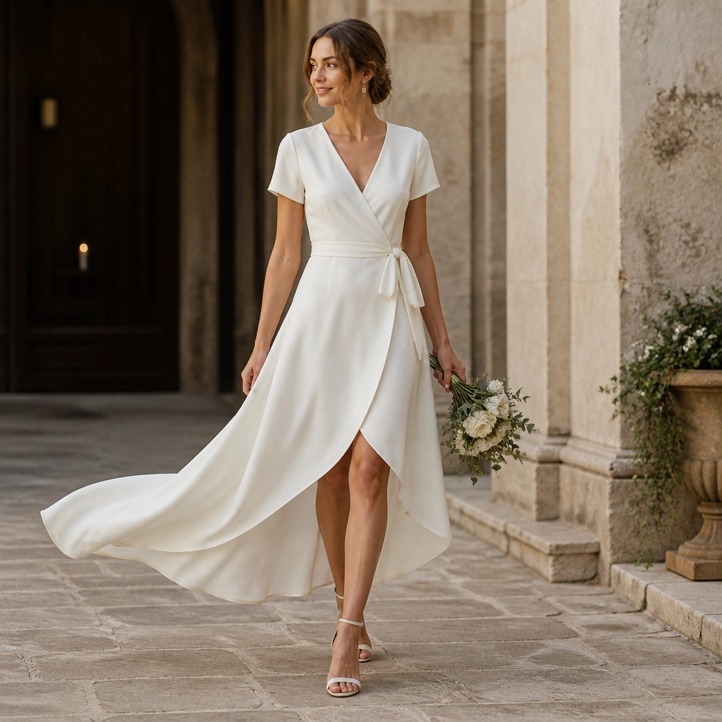 A short wrap-style wedding dress with short sleeves, a V-shaped wrap front, and a lightly flared skirt that creates a small sweep as it moves.