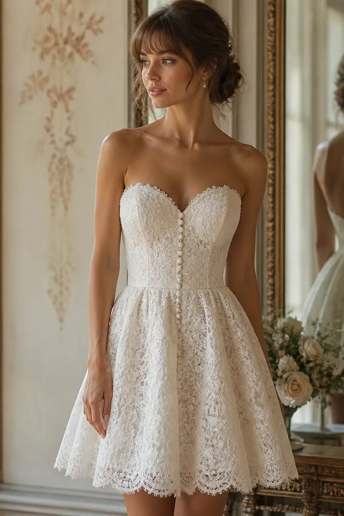 A short vintage wedding dress in ivory with a sweetheart neckline, all-over lace overlay, tiny pearl buttons down the bodice, and a softly flared skirt ending above the knee.