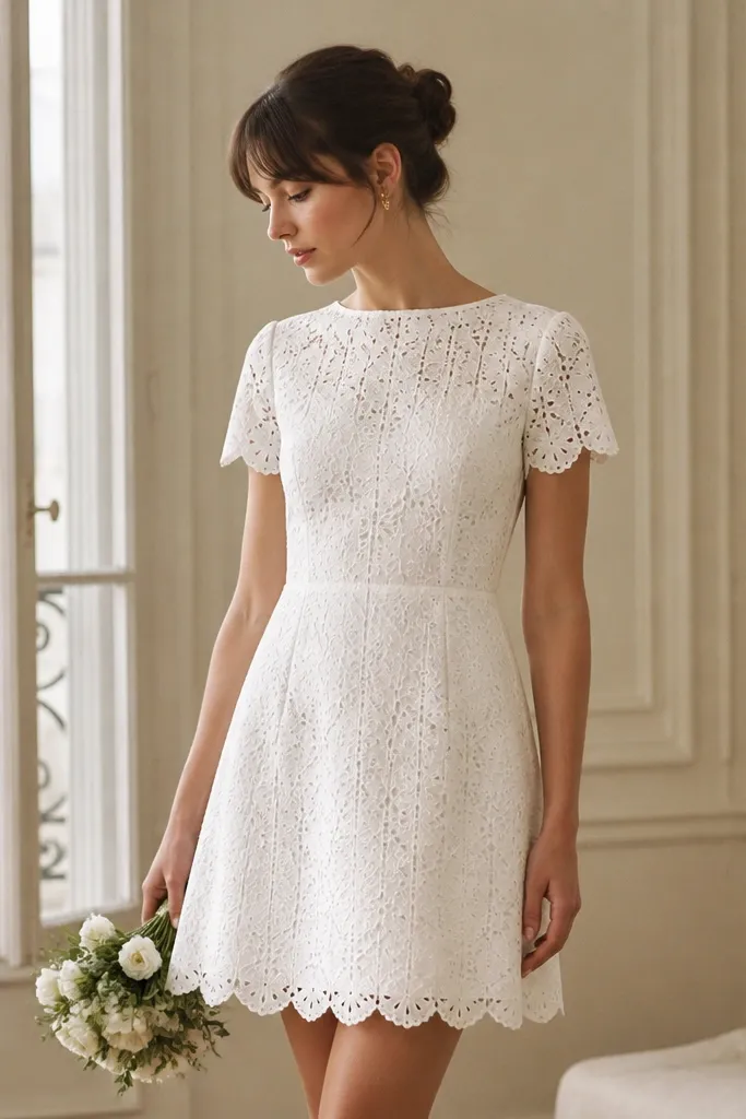 A short vintage wedding dress made of white cotton eyelet with a simple shift silhouette, scalloped edges along the hem and sleeves, and a fitted waist seam.