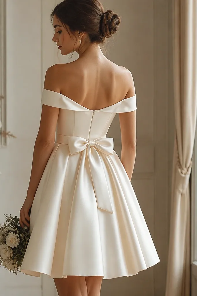 A short vintage wedding dress in warm ivory satin with off-shoulder sleeves, a fitted bodice, and a small satin bow at the back of the waist.