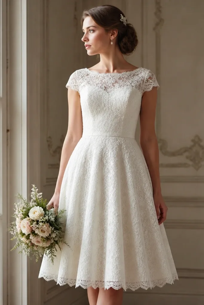 A short vintage wedding dress with a bateau neckline, lace cap sleeves, an A-line skirt that flares gently, and a high-quality ivory lace overlay over a light lining.