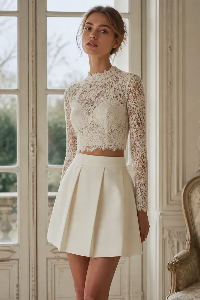 A two-piece short vintage wedding outfit: a long-sleeve lace top with a fitted waist and a separate short skirt in ivory with a subtle pleat structure.