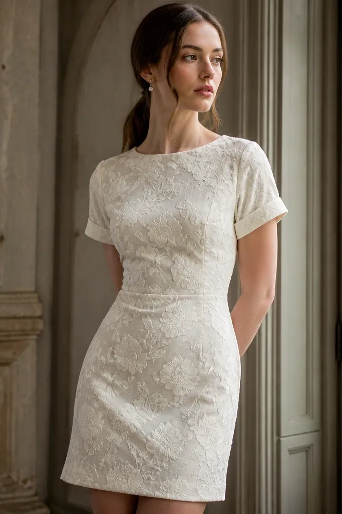 A short vintage wedding dress in deep ivory velvet burnout with faint floral patterns, short cuff sleeves, and a fitted bodice ending above the knee.