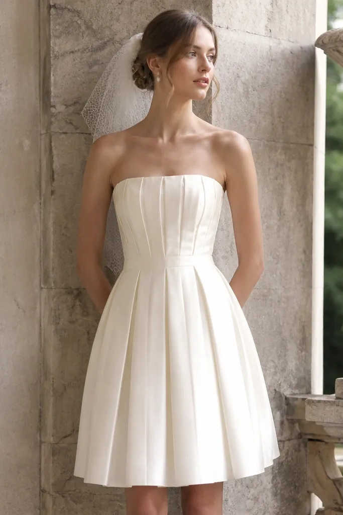 A short vintage wedding dress with cool ivory satin, delicate vertical pleats, a fitted bodice, and a skirt that falls just above the knee.
