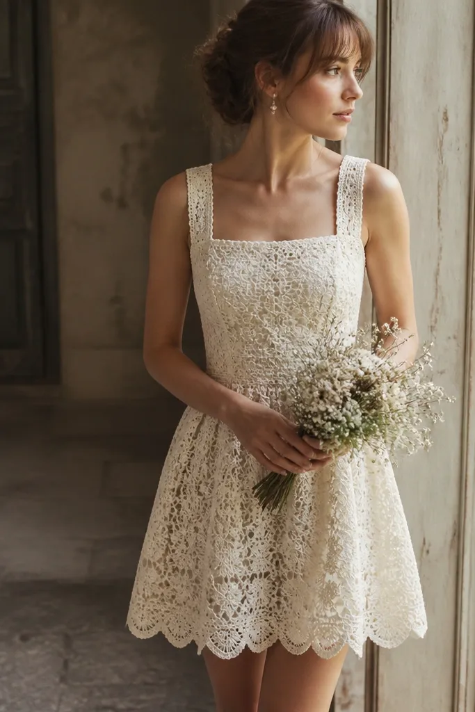 A short vintage wedding dress made of ivory crochet with a square neckline, fitted bodice, and a skirt with a slightly scalloped crochet edge.
