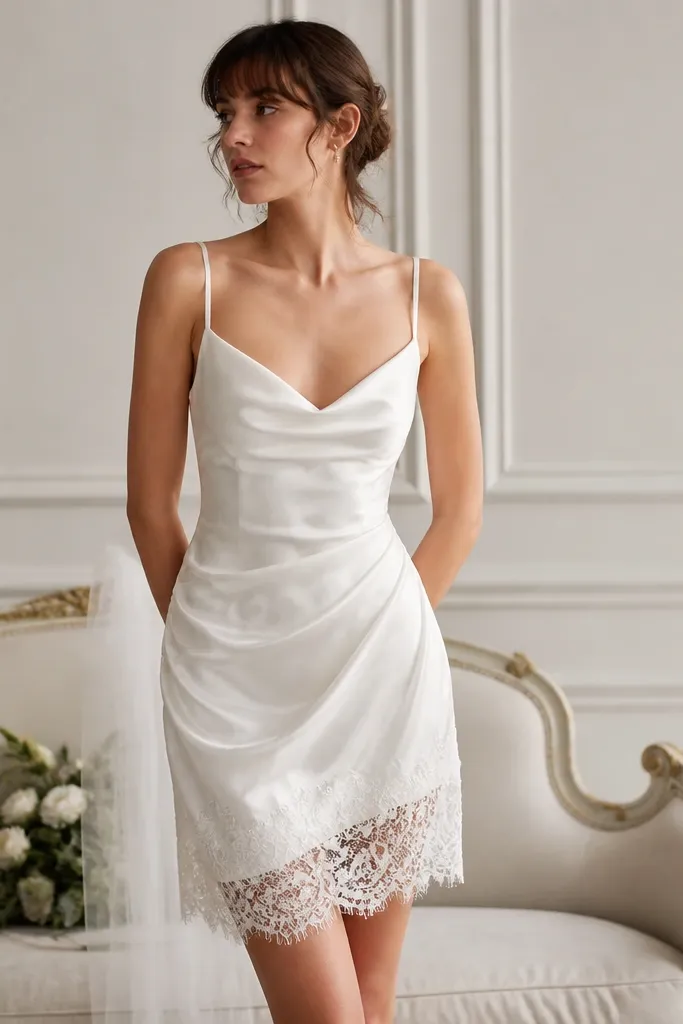 A short vintage wedding dress in ivory satin slip style with thin straps, a lace-trim hem, and a lightly draped skirt ending above the knee.