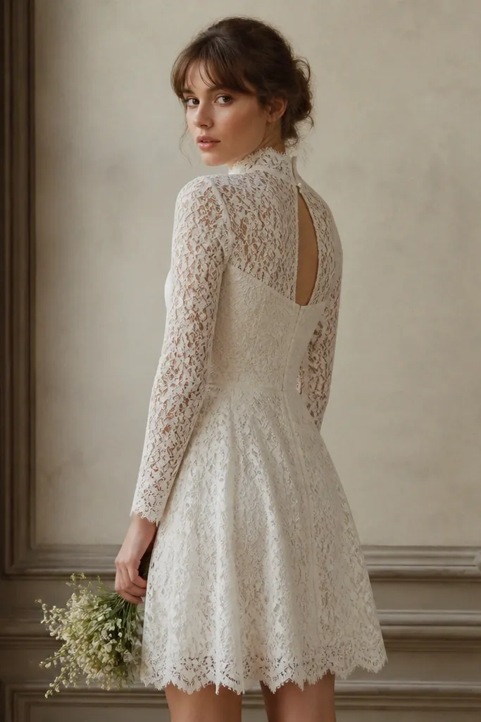A short vintage wedding dress in ivory lace with a high neckline, fitted sleeves, and a small keyhole opening at the back with a button closure.