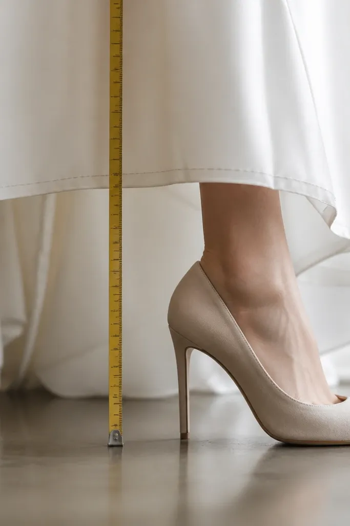 A close-up of a shoe and measuring tape next to a dress hem; the hemline is marked higher than the shoe would allow.
