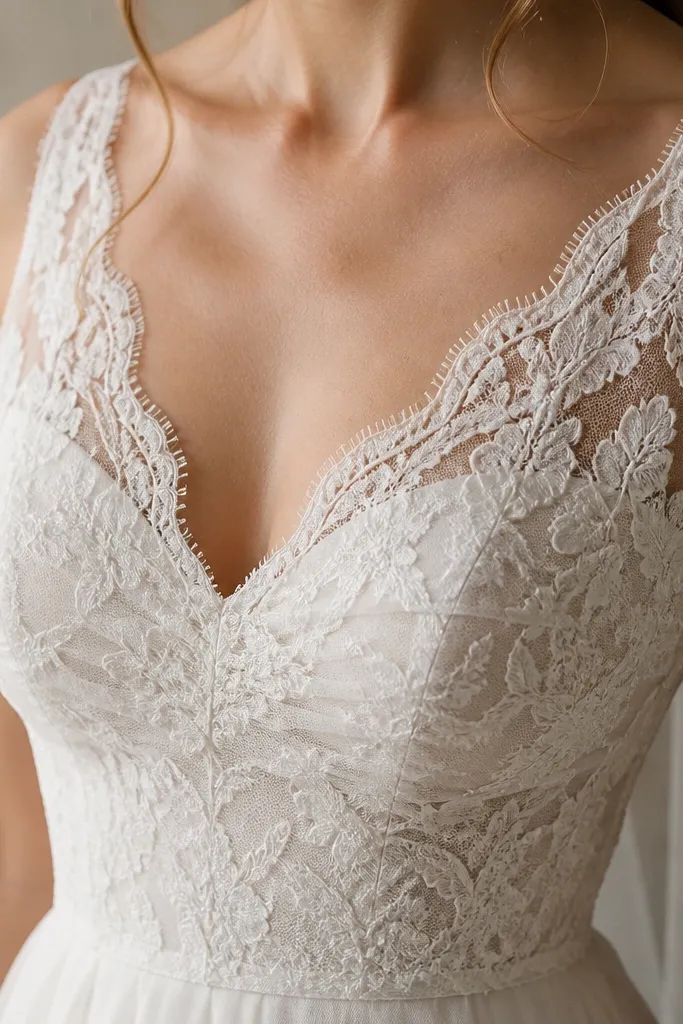 A wedding dress bodice with lace overlay; the lace looks slightly wrinkled and stretched at the bust.