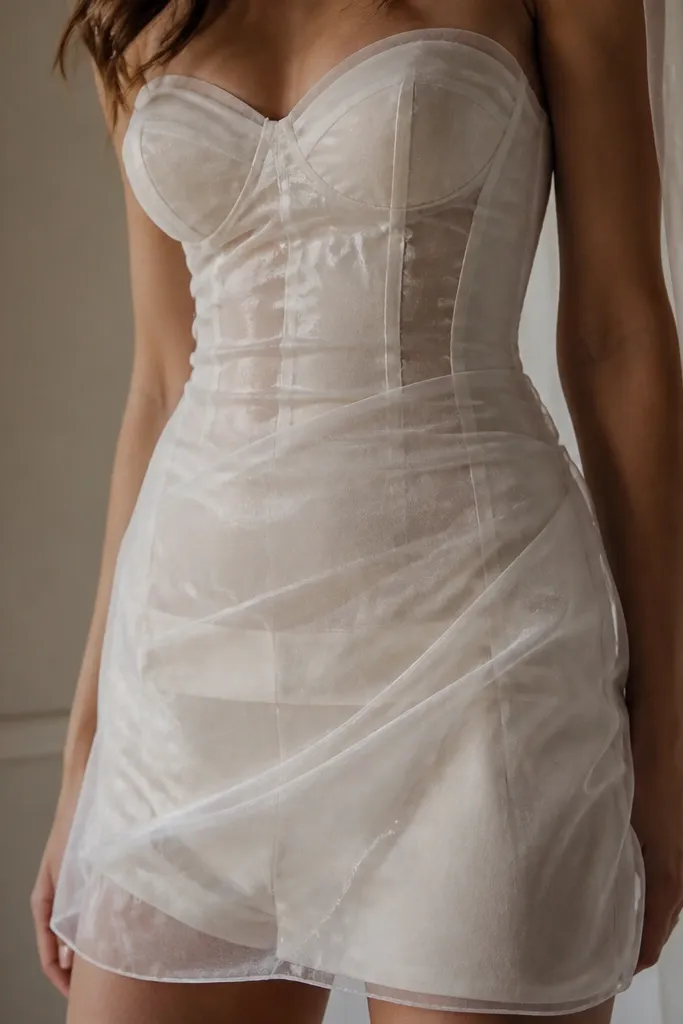 A close-up of a short wedding dress showing visible seam lines under thin fabric; the underlayer looks patchy.